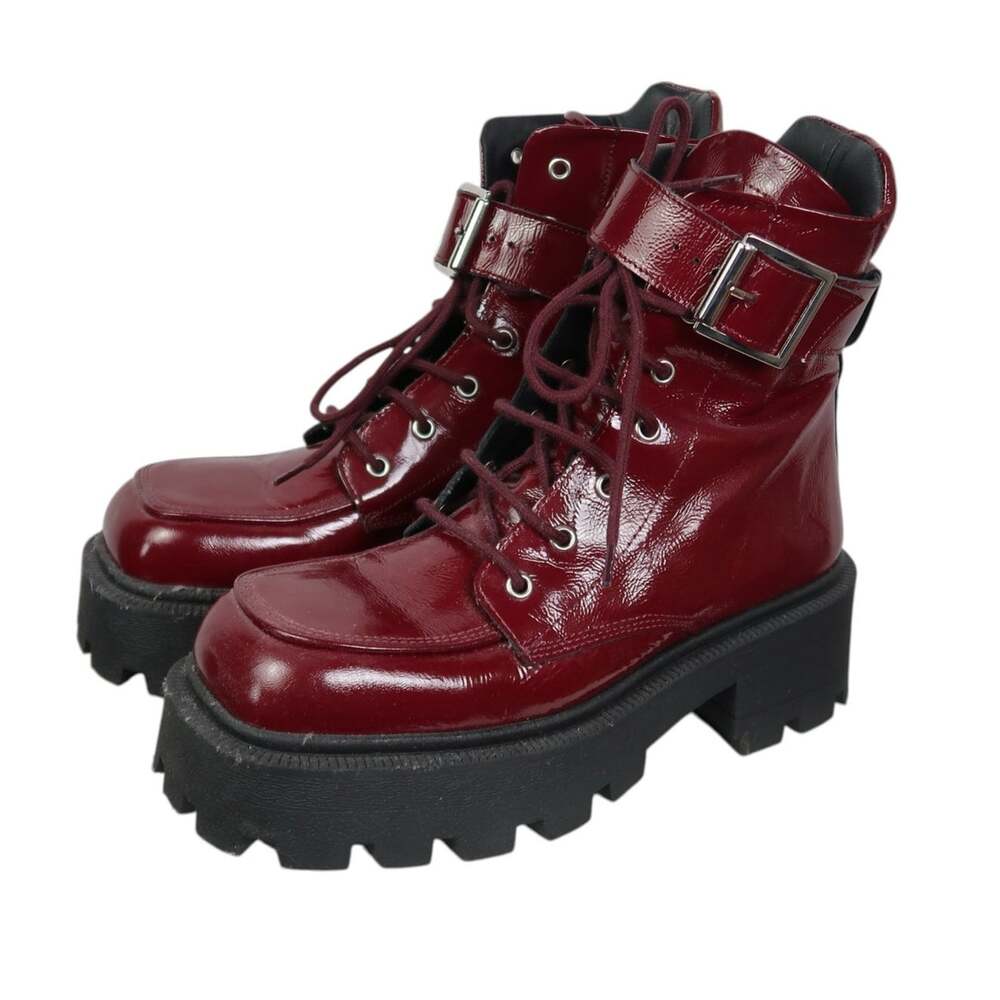 Cooperative Tania Buckled Boots Burgundy Red Patent Leather Lace-Up 40